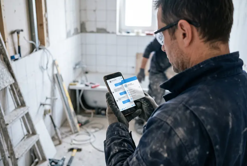Handwerker liest eine Kundenanfrage auf dem Smartphone