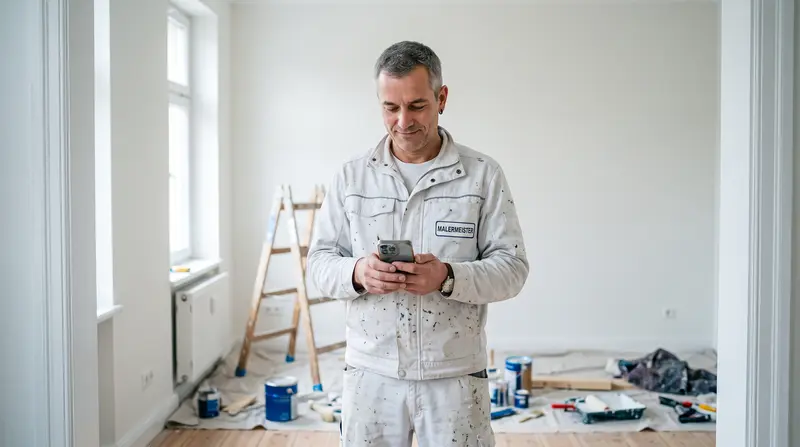 Malermeister prüft auf dem Handy ein Angebot im frisch gestrichenen Wohnzimmer